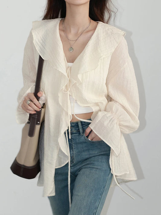 Ruffle Sleeve Lace Up Blouses Shirt