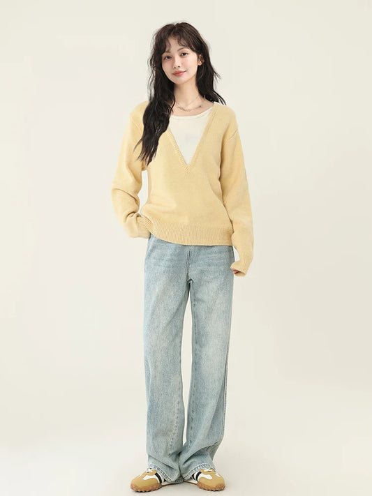 Elegant Contrast Color V-Neck Sweater
