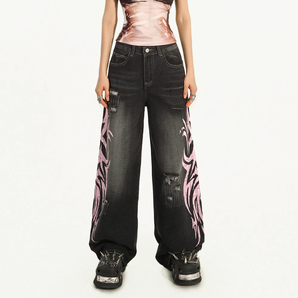 Mottled Totem Print Baggy High Jeans