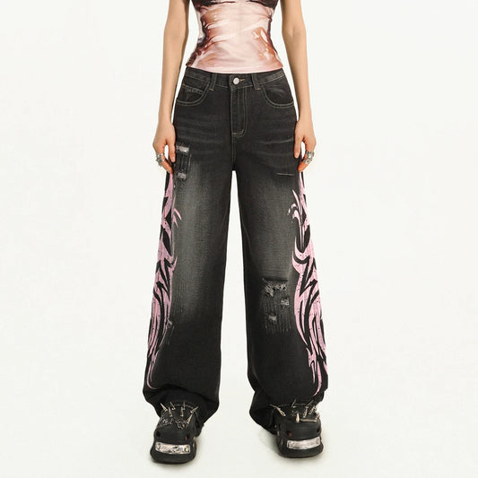 Mottled Totem Print Baggy High Jeans