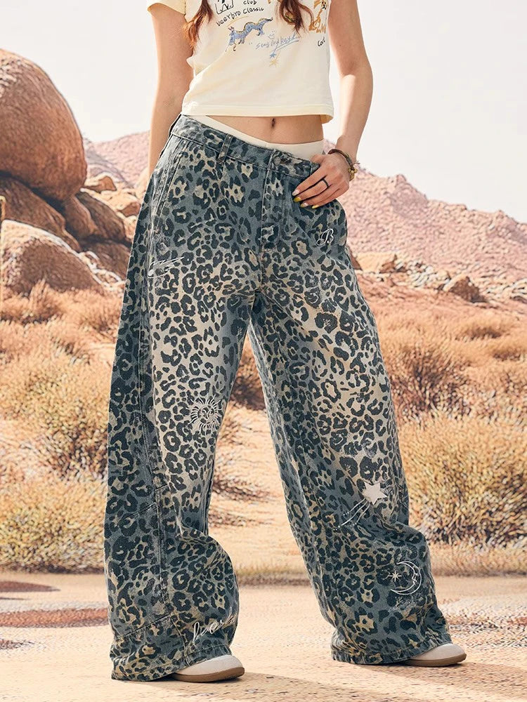 Retro Leopard Wide Leg Jeans