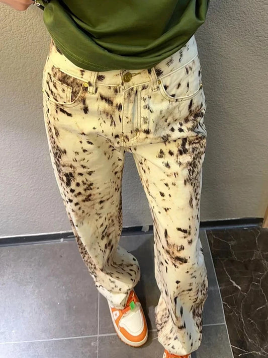 Retro Leopard Print Wide Leg Jeans