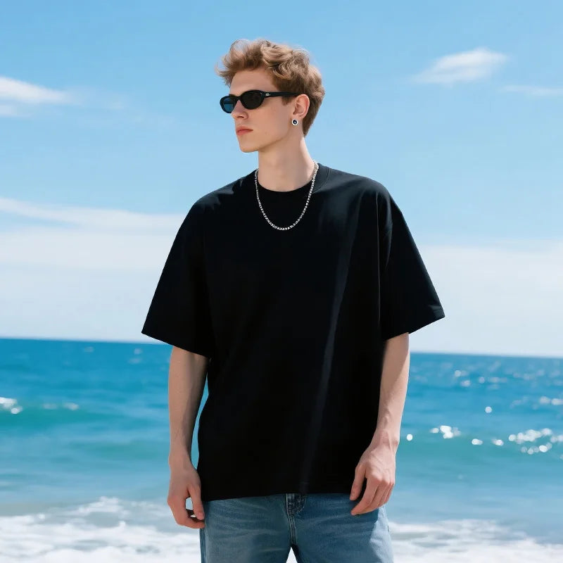 Black Minimalist Drop Shoulder Cotton T-Shirt