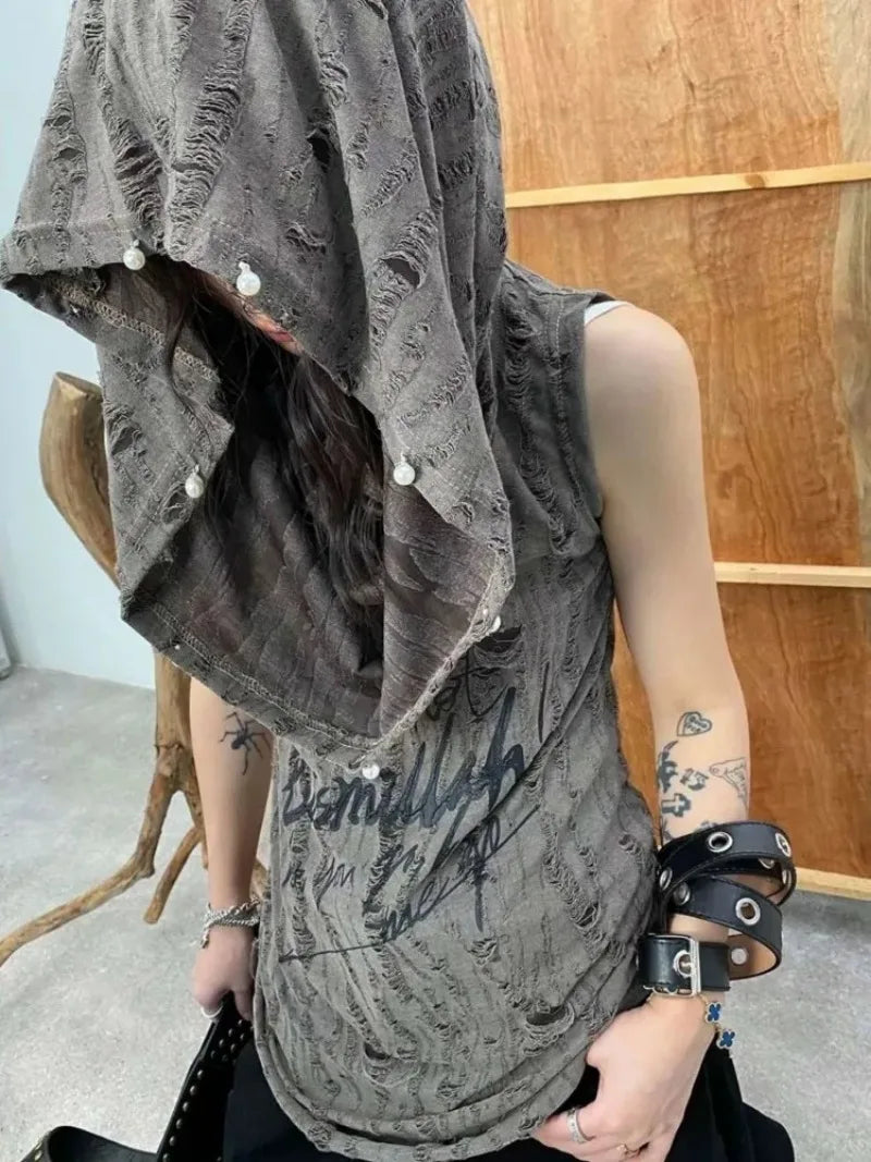 Pearl Button Print Hollow Out T-Shirt
