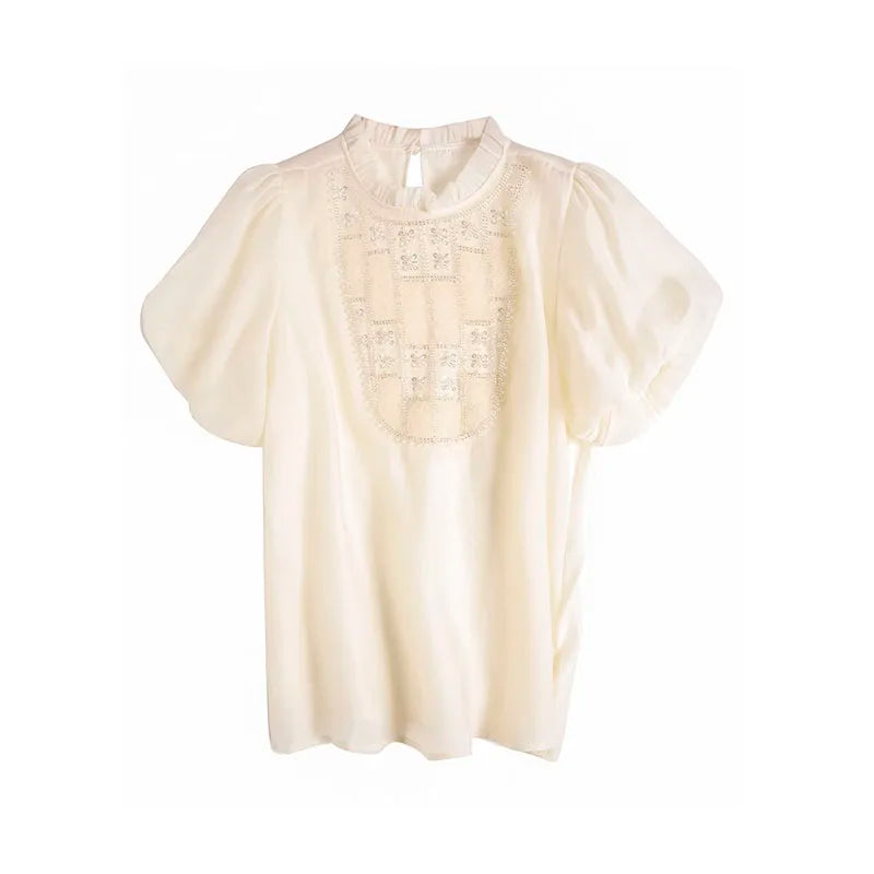 Chic Crochet Patchwork Lantern Sleeve Shirt