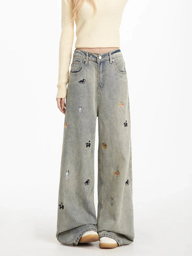 Embroidered Puppy Patch Wide Leg Jeans