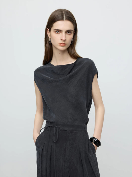 Luxury Draped Collar Sleeveless Set Shirt