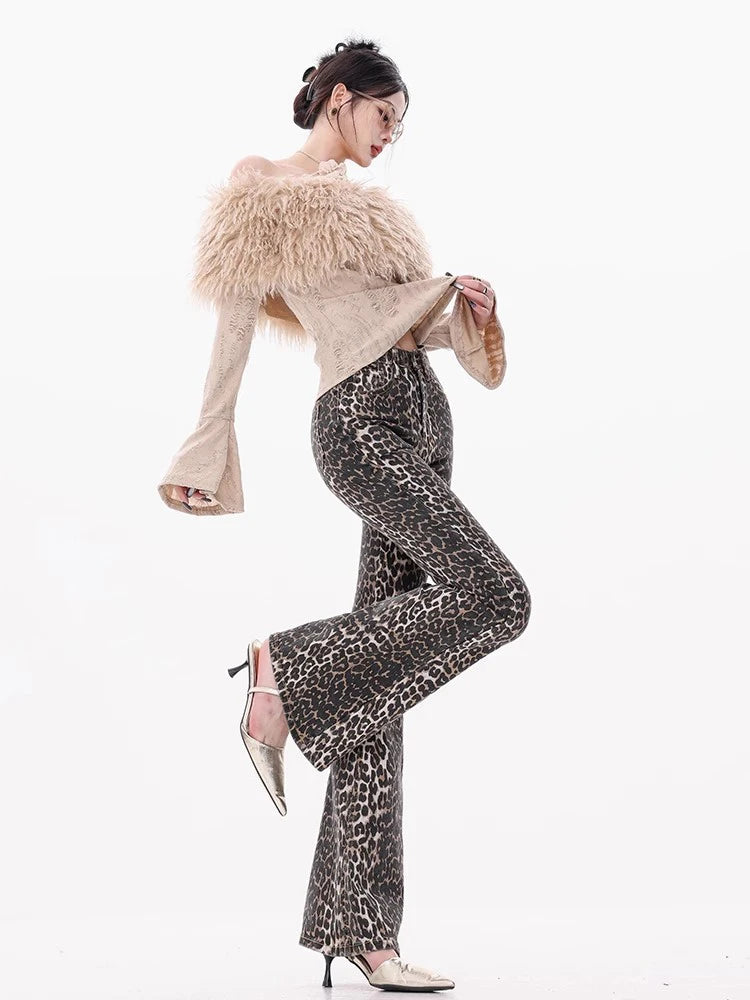 Leopard Print Flared Jeans Women Jeans