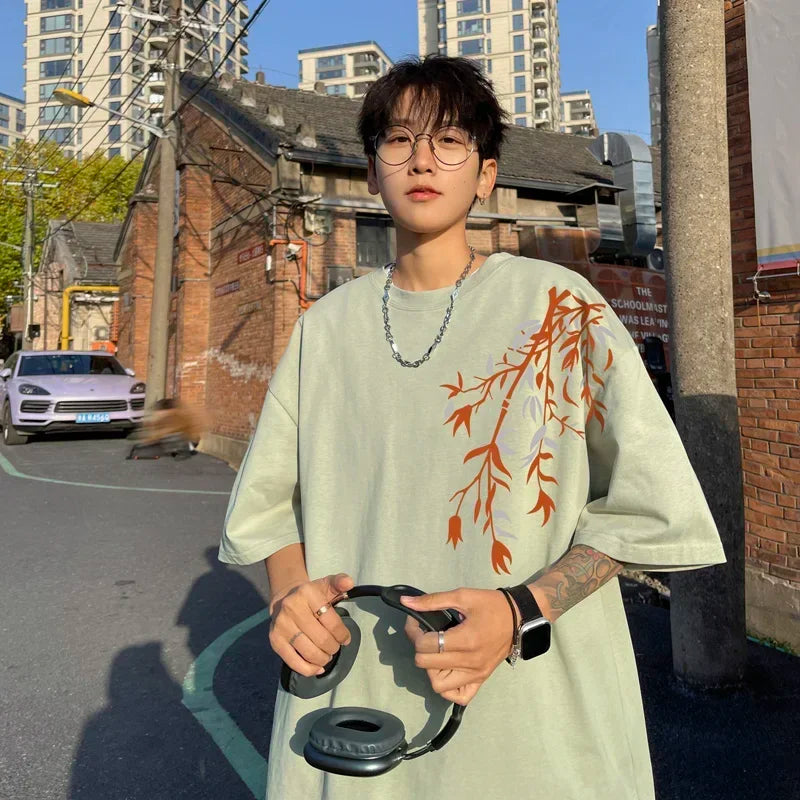 Oversized Bamboo Print White T-Shirt
