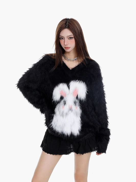 Cozy Black Mohair Knit V-Neck Sweater