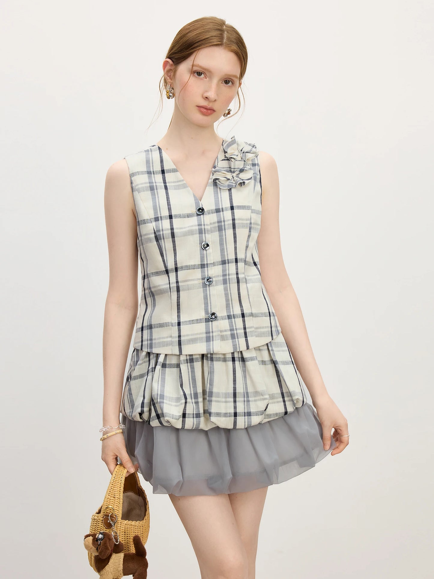 Chic Plaid Handmade Flower Bud T-Shirt