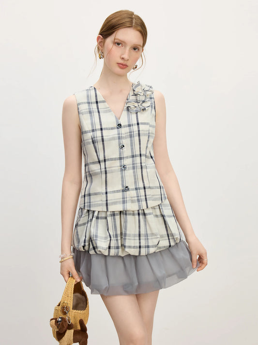 Chic Plaid Handmade Flower Bud T-Shirt