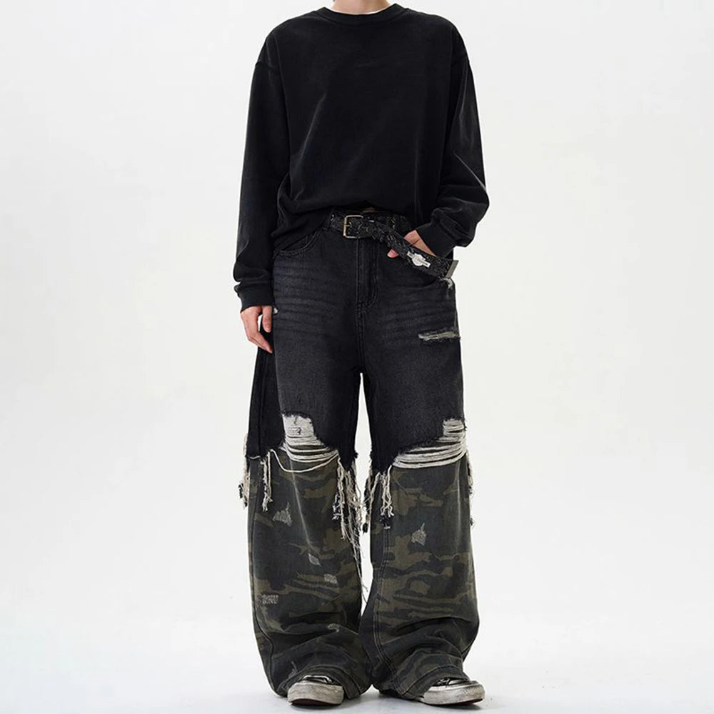 Retro Camouflage Stitched Baggy Ripped Jeans