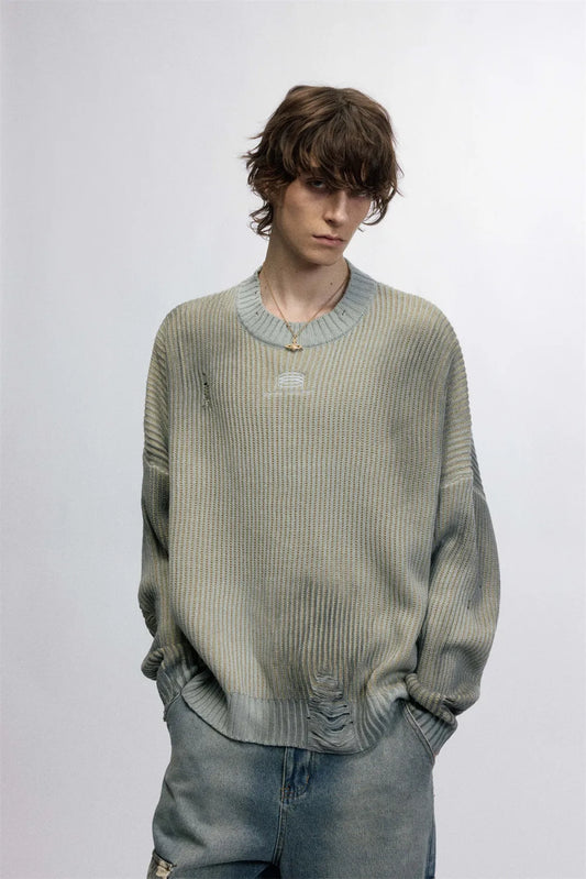 Ripped Embroidery Spray Paint Sweater Pullover