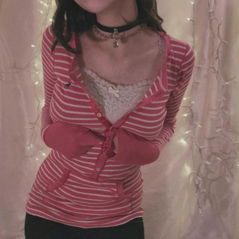 Button V-Neck Stripe Long Sleeve T-Shirt