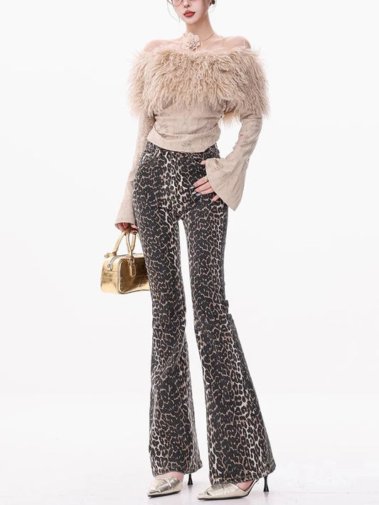 Leopard Print Flared Jeans Women Jeans