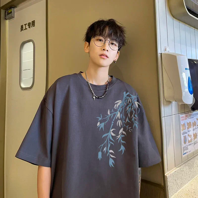 Oversized Bamboo Print White T-Shirt