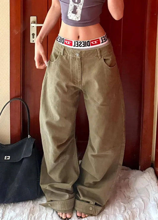 Green Vintage High Waist Wide Jeans