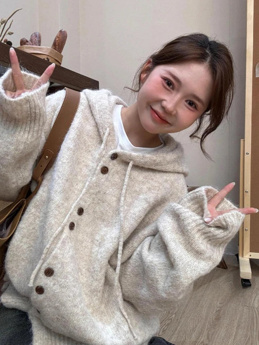 Cozy Drawstring Hooded Knit Cardigan Sweater