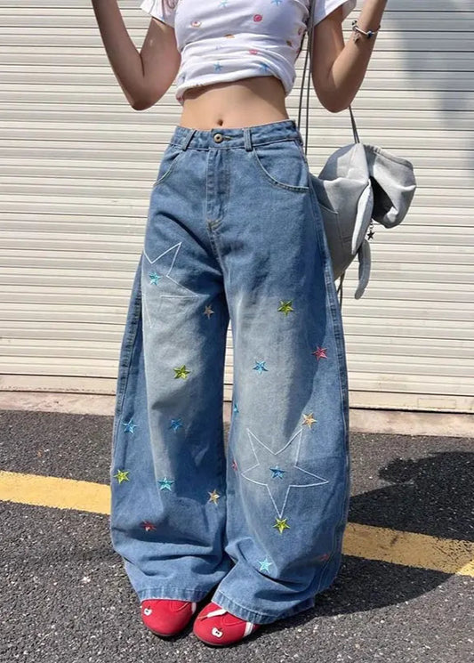 Vintage Loose Washed Blue Wide Jeans