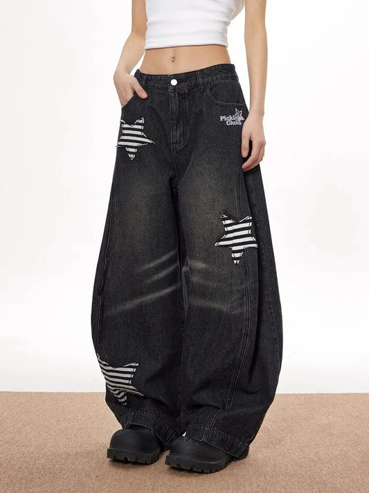 Retro American Star Splicing Wide Jeans