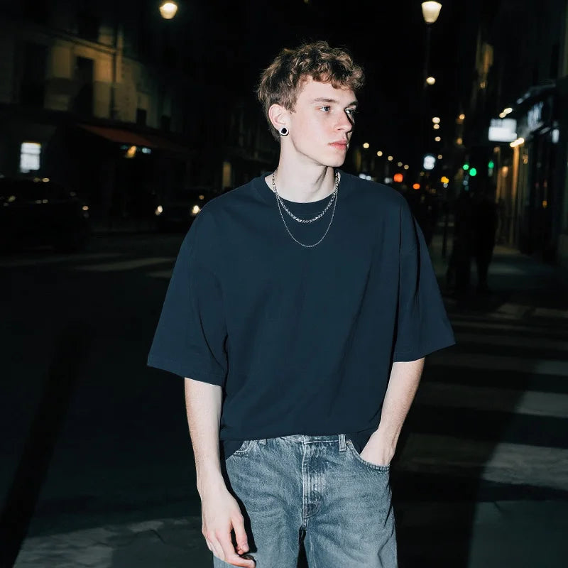 Black Minimalist Drop Shoulder Cotton T-Shirt