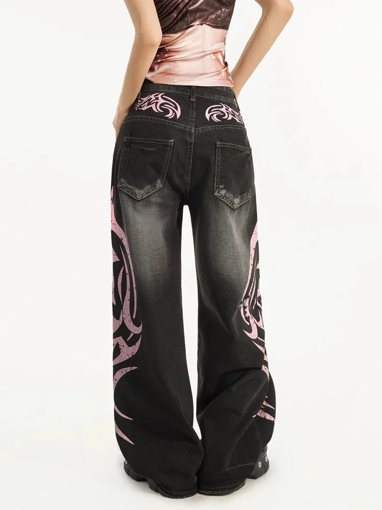 Mottled Totem Print Baggy High Jeans