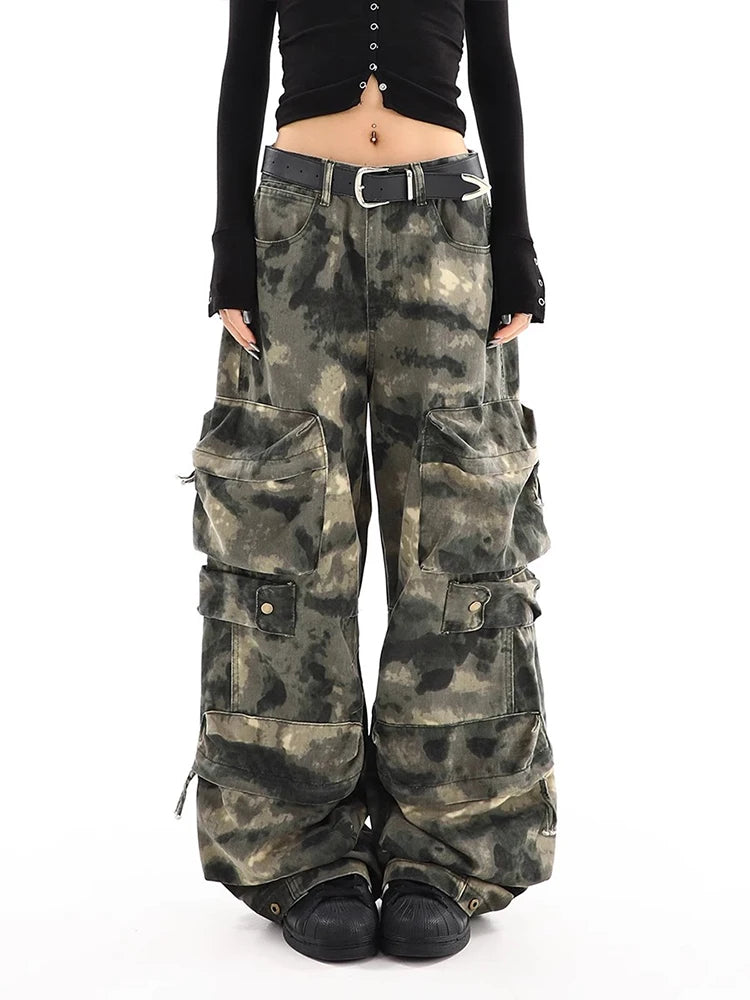 Vintage Camouflage Overalls Wide Leg Pants