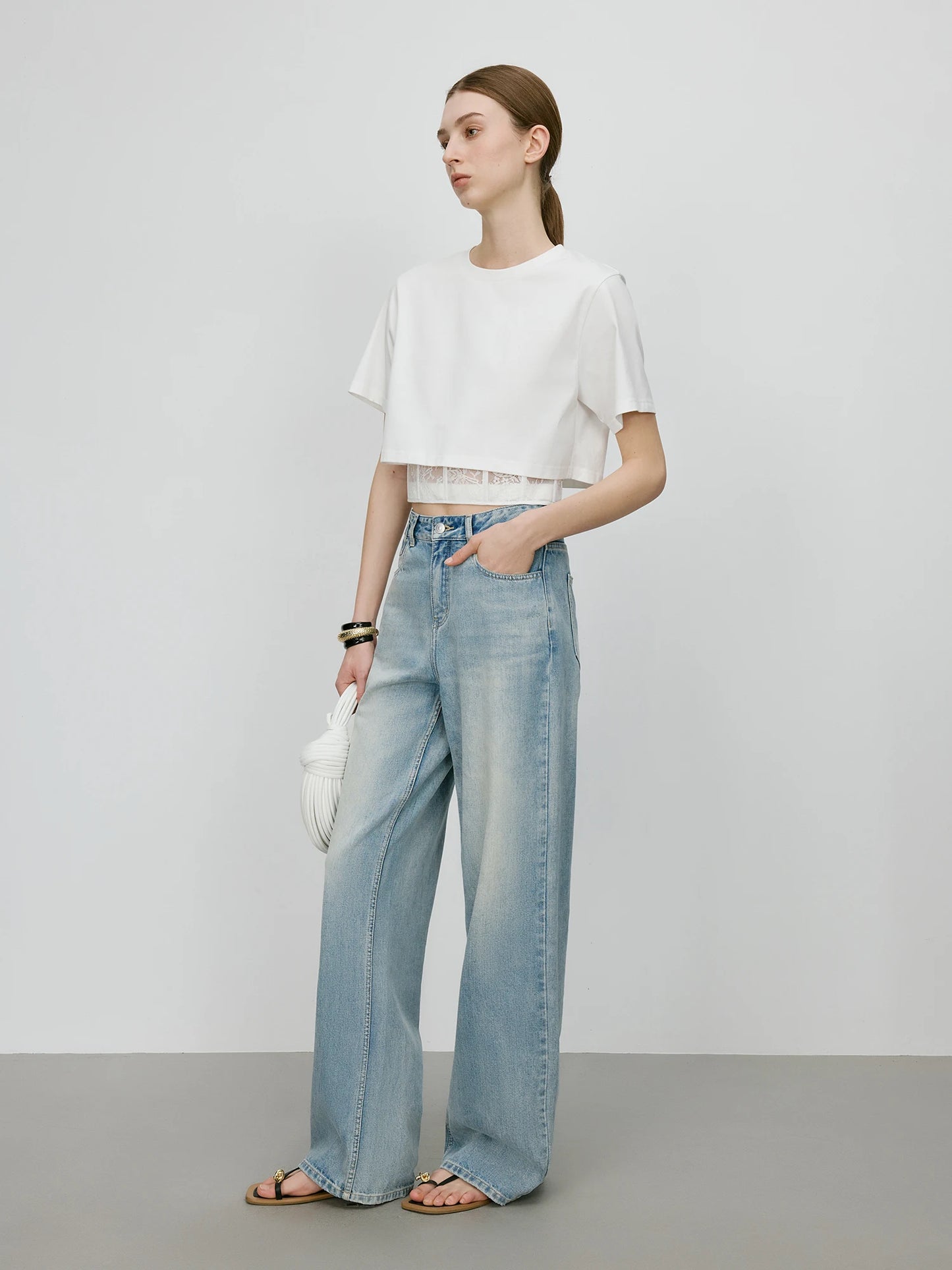Lace Spliced Premium Waist Cropped T-Shirt