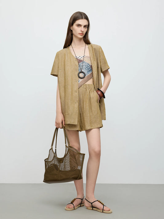 Linen V-Neck Casual Set Shirt