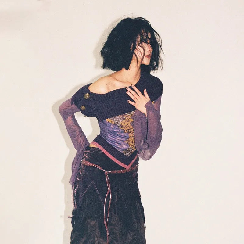 Vintage Y2K Off-Shoulder Knitted Mesh T-Shirt