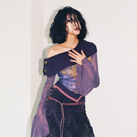Vintage Y2K Off-Shoulder Knitted Mesh T-Shirt