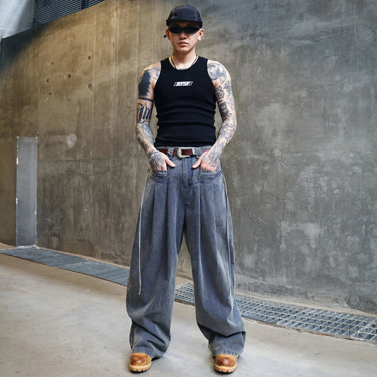 Gray Washed Denim Bending Knife Jeans