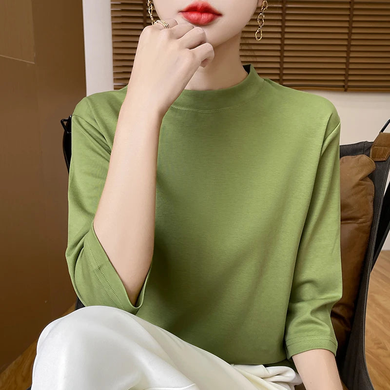 Cotton Semi High Neck Cropped T-Shirt