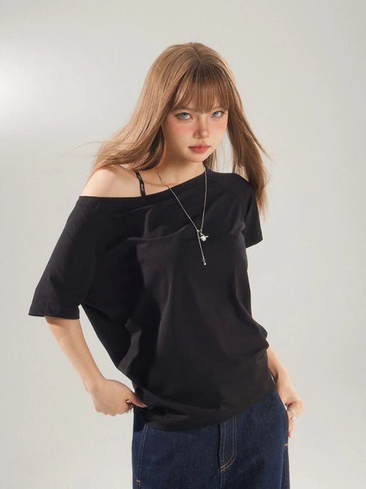 Sexy Korean Off-Shoulder Loose Solid T-Shirt