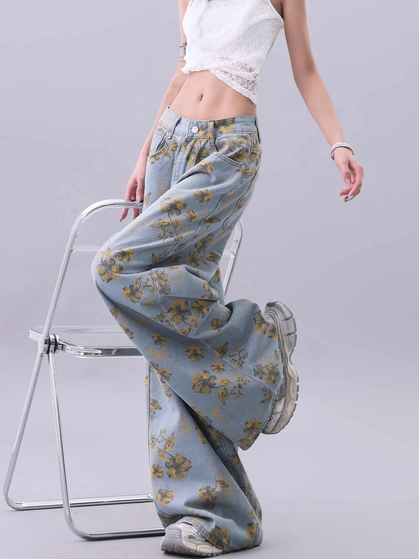 Blue Vintage Floral Print High Jeans