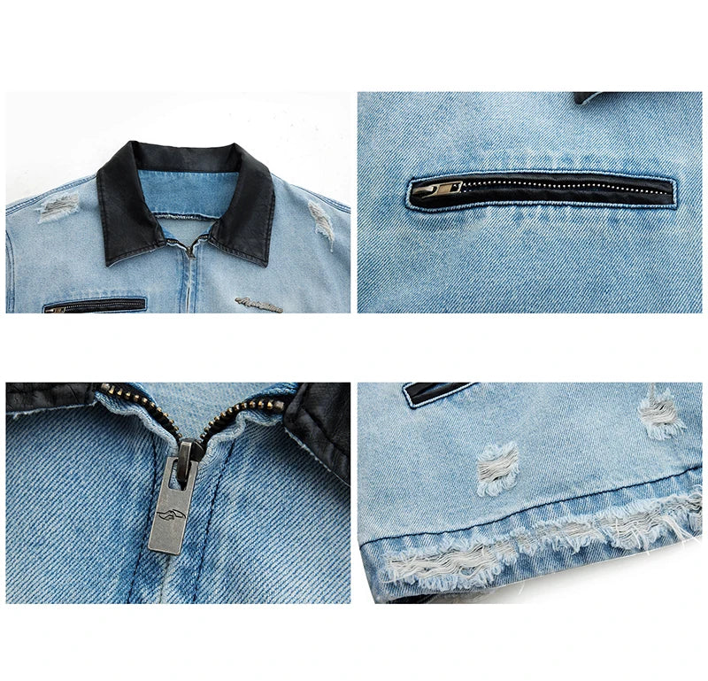 Color Contrast Leather Neck Denim Jeans