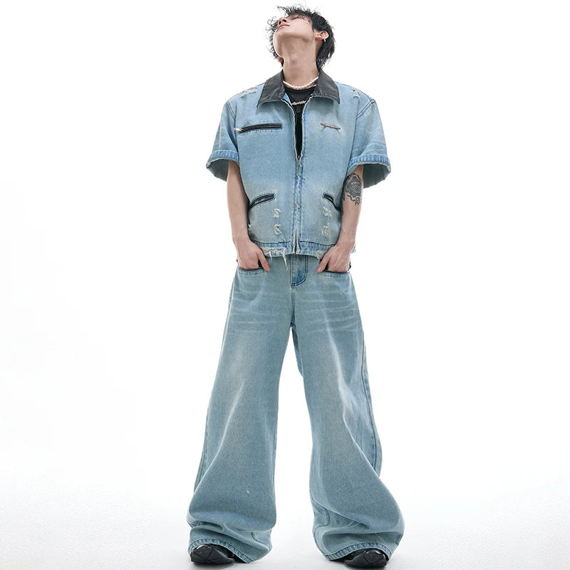 Color Contrast Leather Neck Denim Jeans