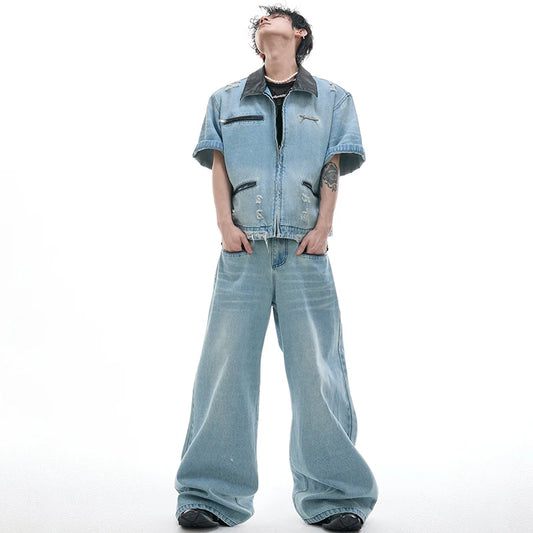 Color Contrast Leather Neck Denim Jeans