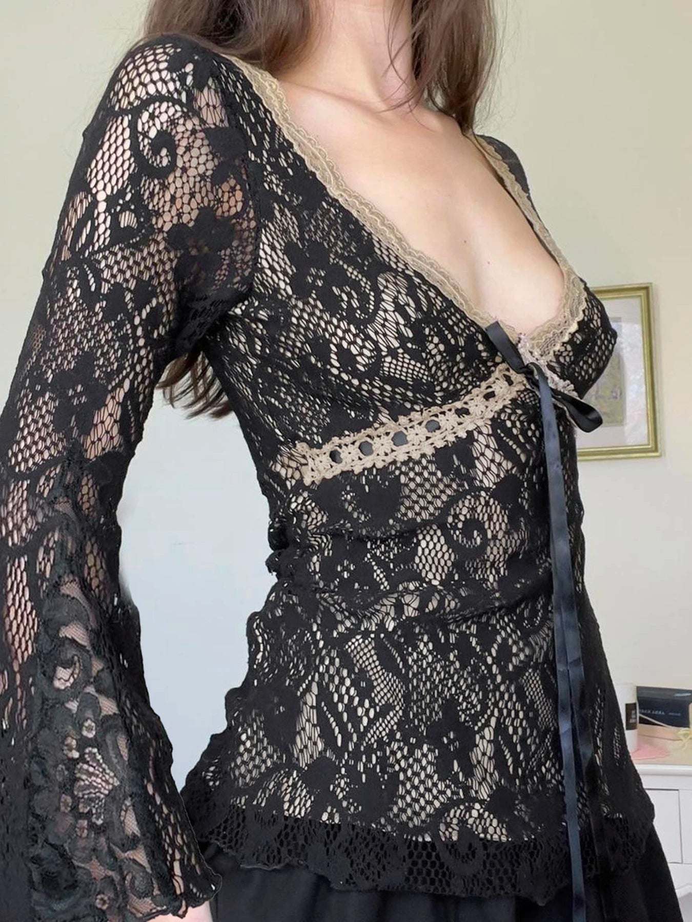 Floral Lace Tie Front Flounce T-Shirt