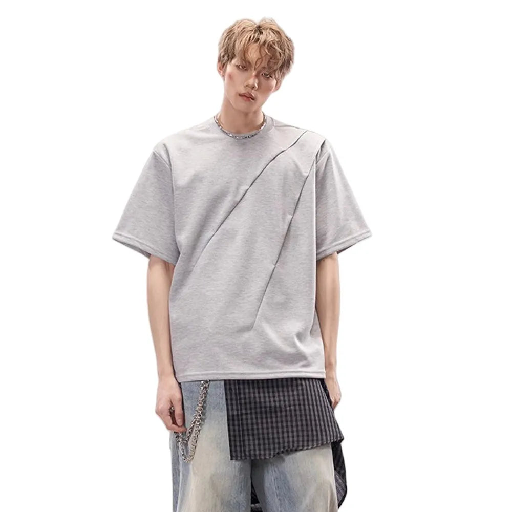 Solid Color Pleated Crew Neck T-Shirt