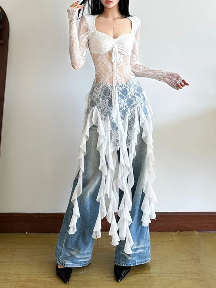 Sexy Mesh Lace Maxi Top with Ruffles