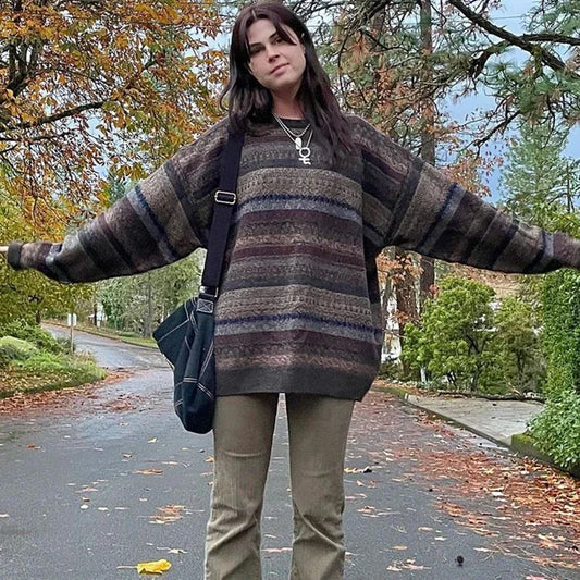 Vintage Striped Knitted Sweater Autumn Pullover
