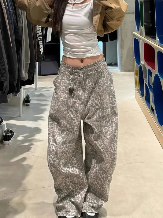 Leopard Print Loose Fit Denim Jeans