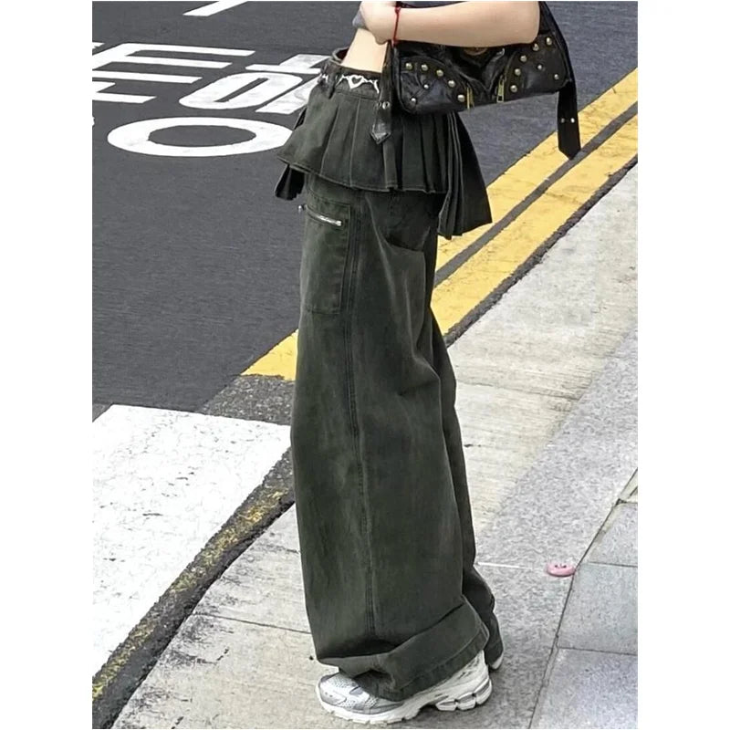 Green High Waist Vintage Korean Jeans