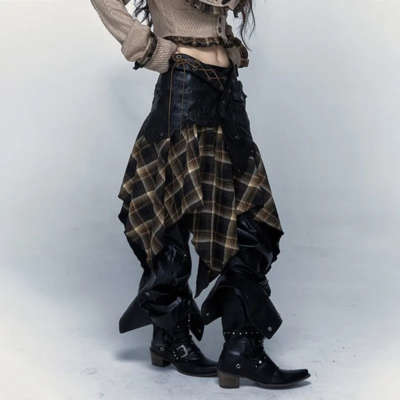 Grunge Aesthetics Plaid Patchwork Skirt Gothic