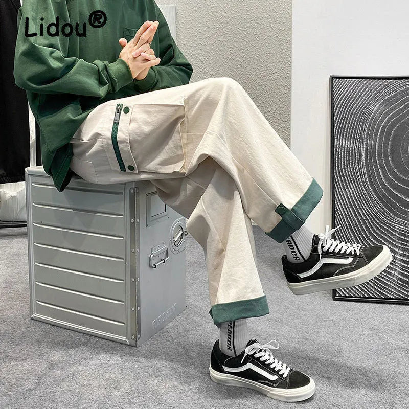 Patchwork Cotton Wide Leg Cargo Pants