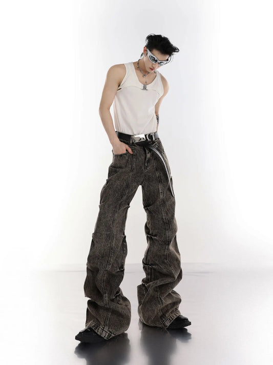 High Waisted Pleated Distressed Washed Jeans