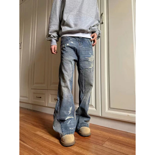 Ripped Denim Wide Leg Pants Jeans
