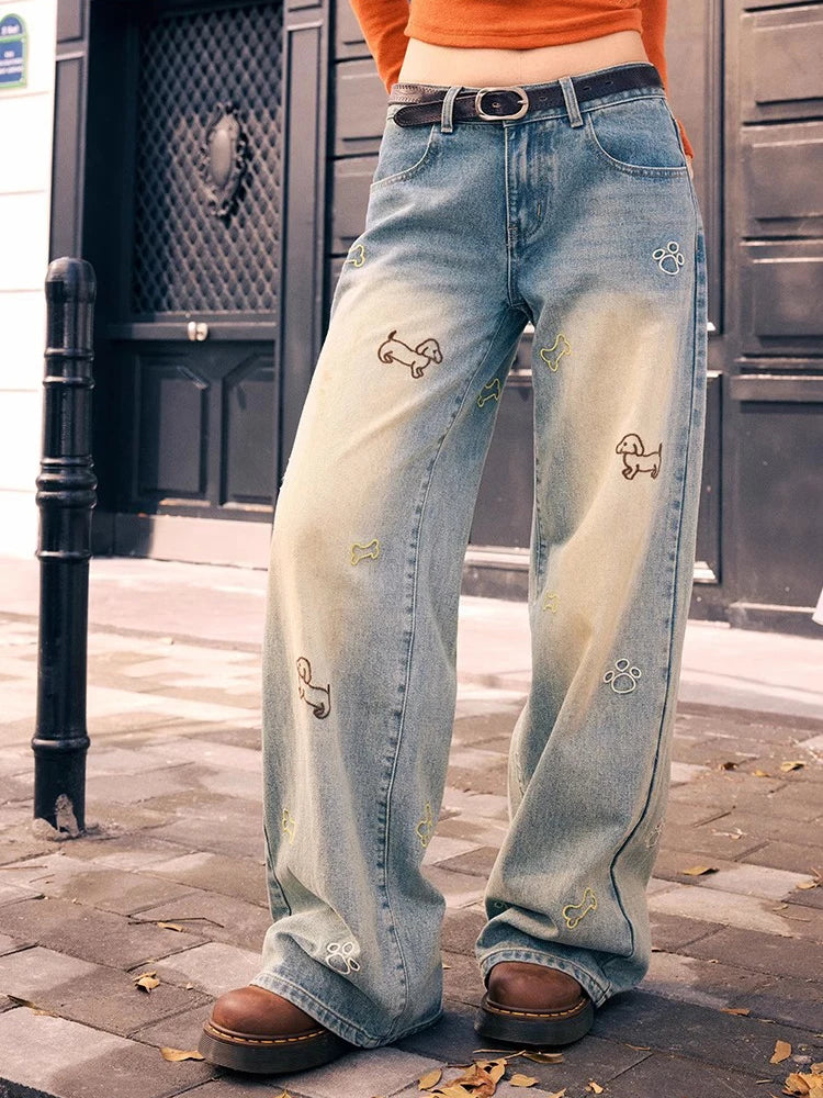 High Waist Embroidered Straight Jeans